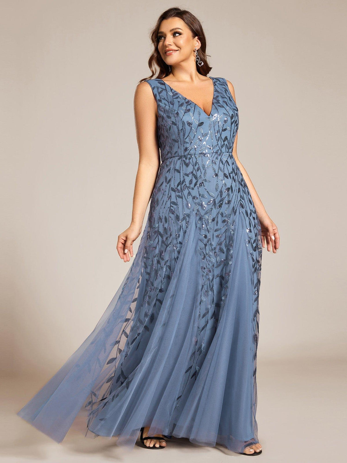 Glamorous Plus Size Double V-Neck Sleeveless Sequin A-Line Evening