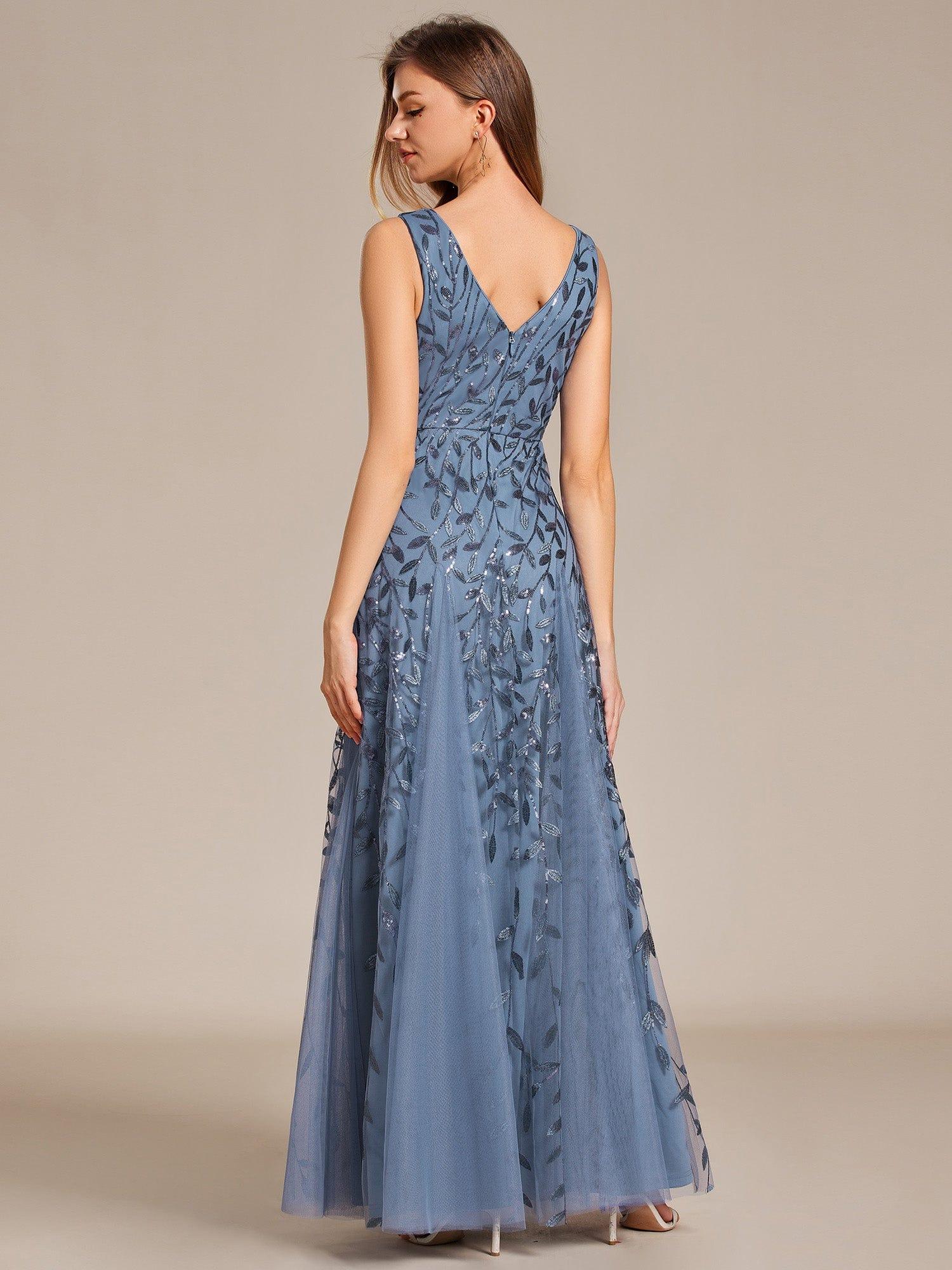 V-Neck Leaf Sequin Sleeveless A-Line Formal Evening Dress with Tulle #color_Dusty Blue