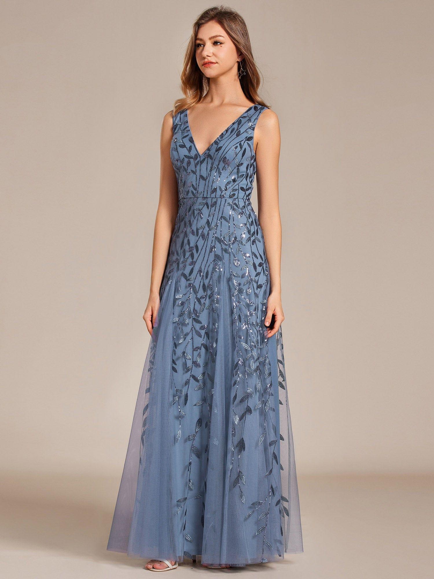 V-Neck Leaf Sequin Sleeveless A-Line Formal Evening Dress with Tulle #color_Dusty Blue
