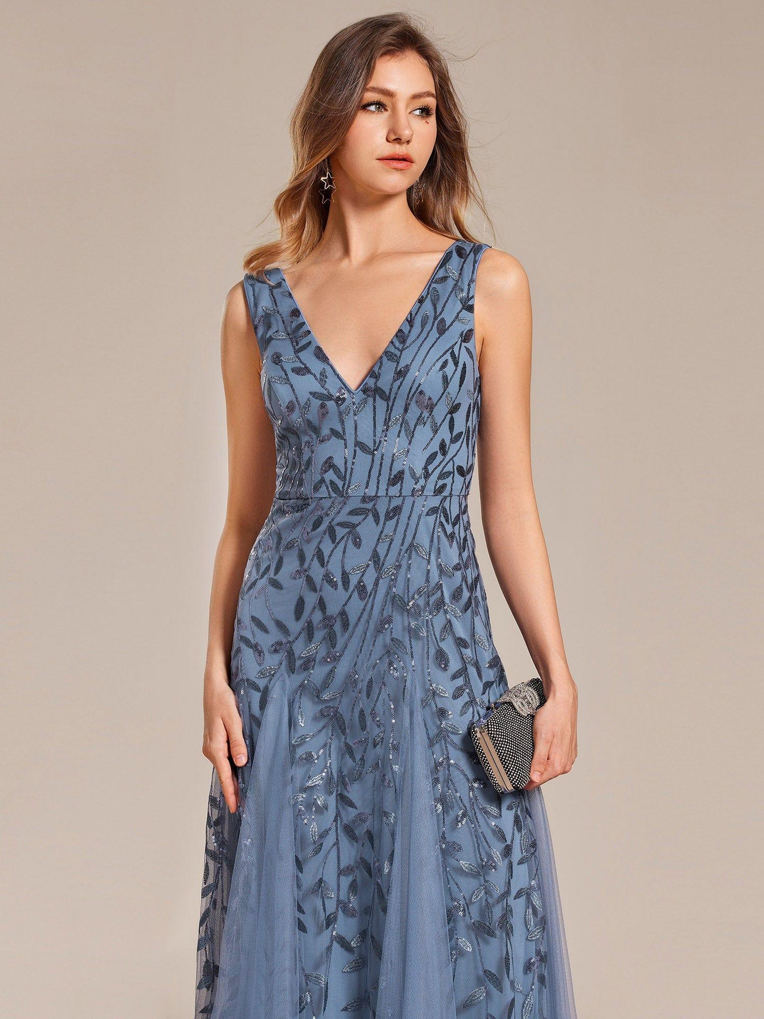 V-Neck Leaf Sequin Sleeveless A-Line Formal Evening Dress with Tulle #color_Dusty Blue