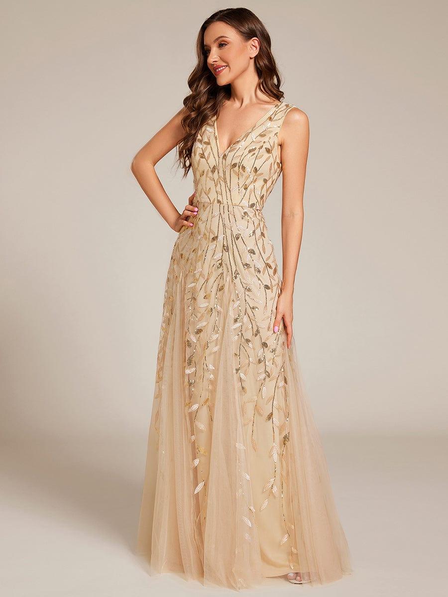 Plus Size Sparkling Sleeveless Leaf Sequin A-Line Formal Evening Dress #color_Gold