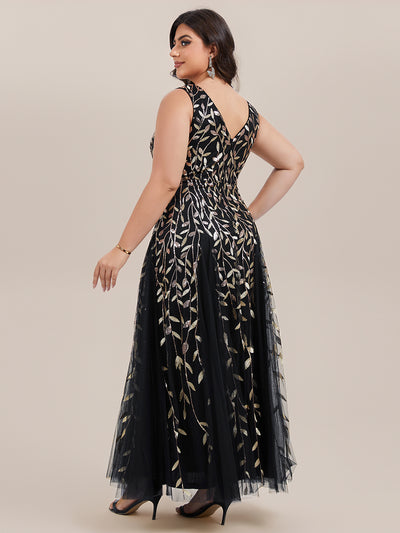 Plus Size Sparkling Sleeveless Leaf Sequin A-Line Formal Evening Dress #color_Black & Gold