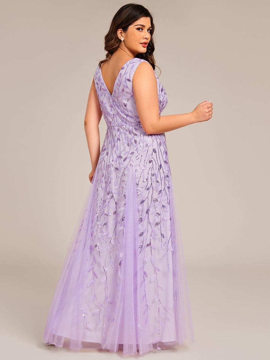 Plus Size Sparkling Sleeveless Leaf Sequin A-Line Formal Evening Dress #color_Lavender
