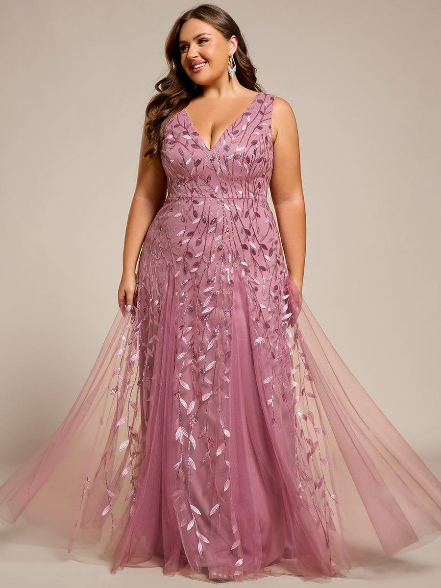 Plus Size Sparkling Sleeveless Leaf Sequin A-Line Formal Evening Dress #color_Purple Orchid