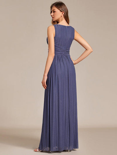 Glittery Sleeveless  Pleated Empire Waist A-Line Formal Evening Dress #color_Dusty Blue