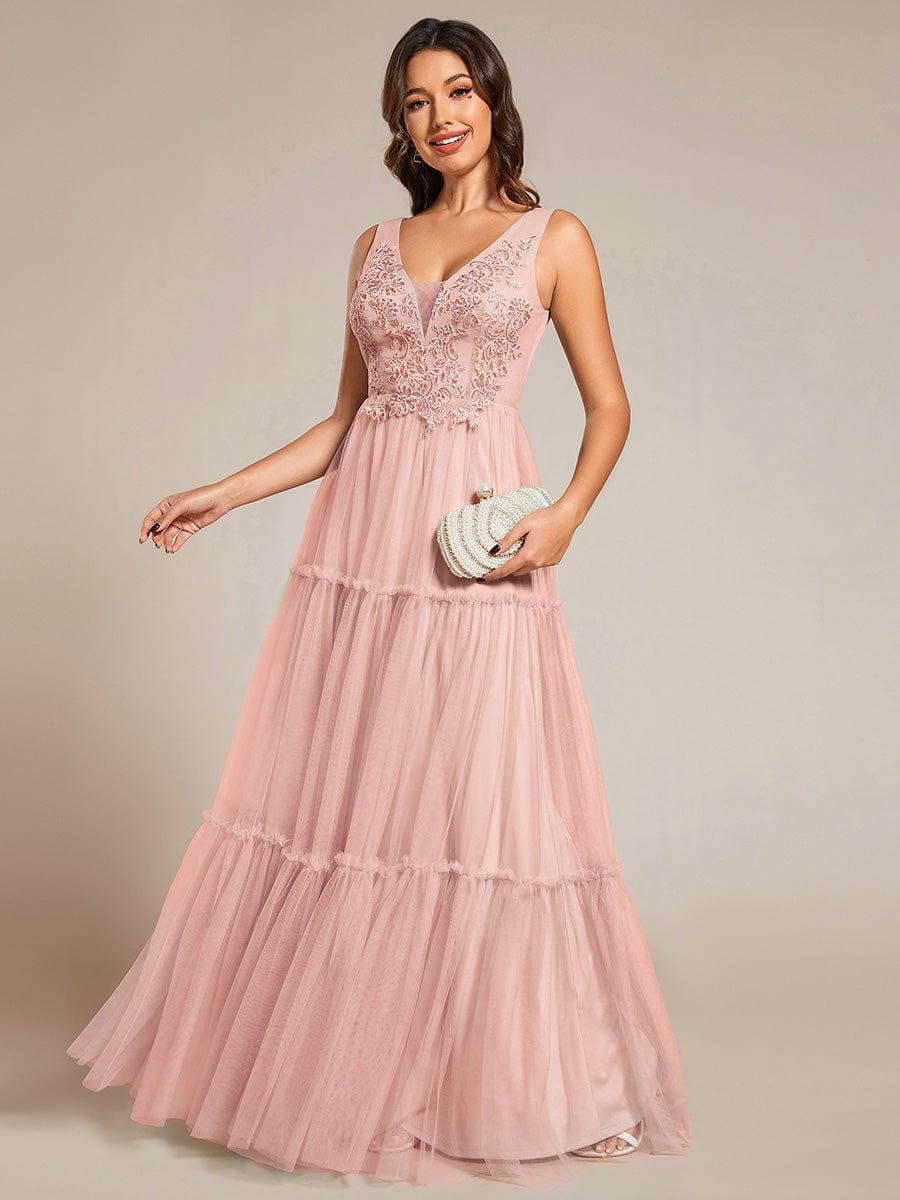 Chic See-Through Sleeveless Tulle Evening Dress with Applique #color_Pink