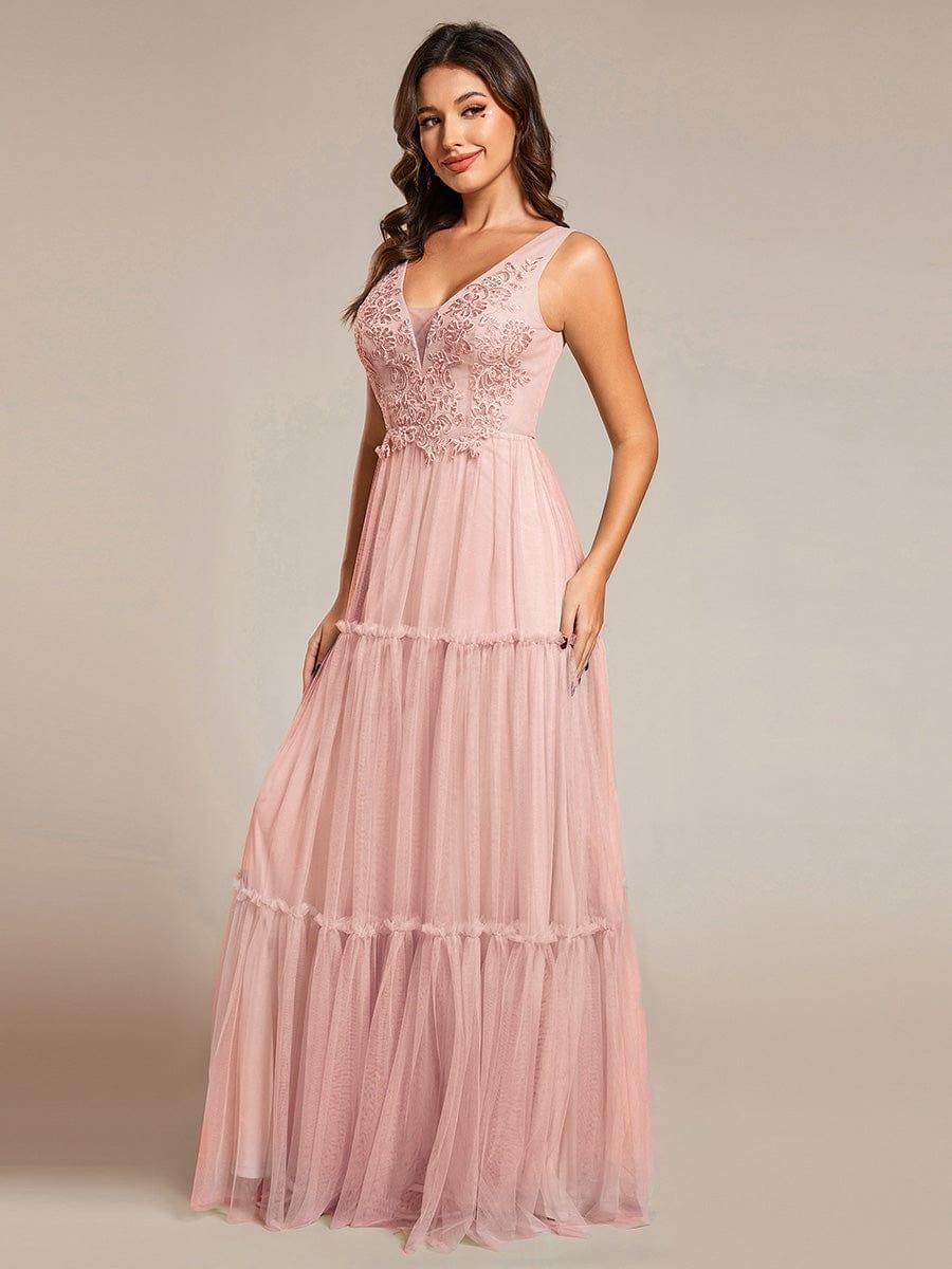 Chic See-Through Sleeveless Tulle Evening Dress with Applique #color_Pink