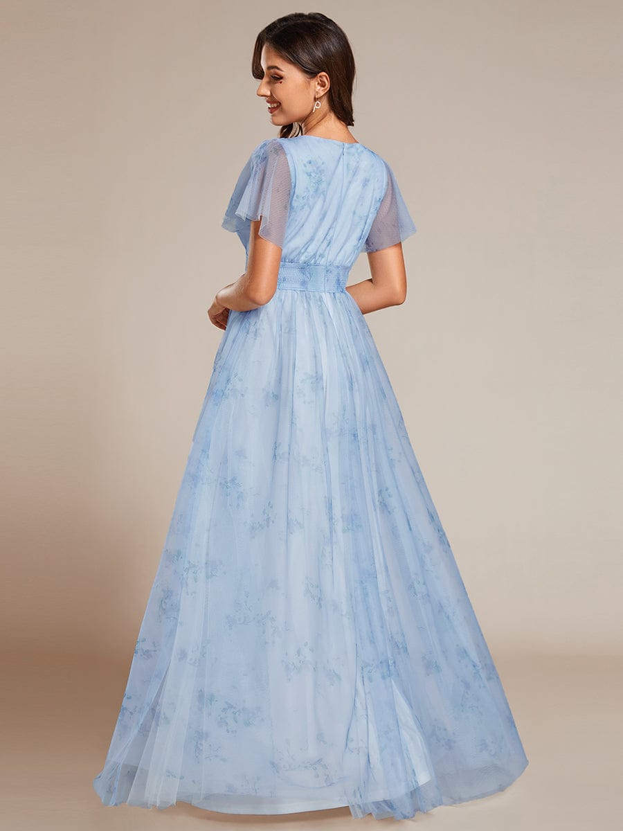 Eleganct Floral Tulle V-Neck Short Sleeve Formal Evening Dress #color_Ice Blue
