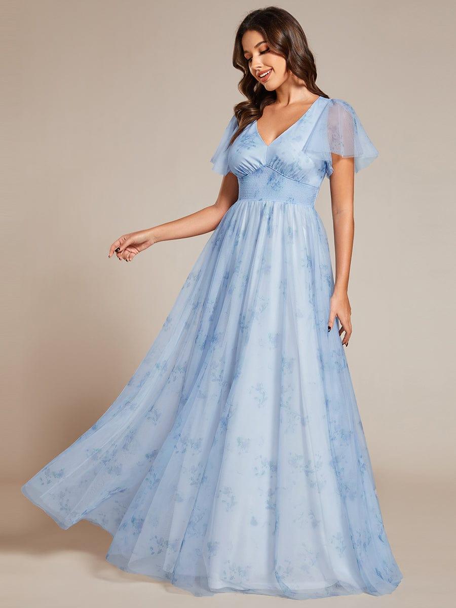 blue floral tulle dress Elegant V-Neck Short Sleeve Formal Evening Size:17  34/35