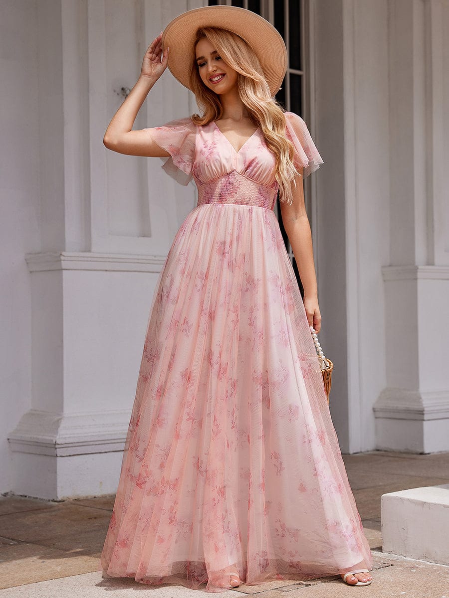 Eleganct Floral Tulle V-Neck Short Sleeve Formal Evening Dress #color_Pink