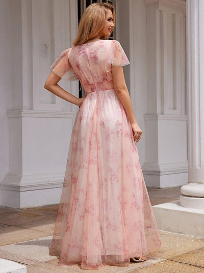 Eleganct Floral Tulle V-Neck Short Sleeve Formal Evening Dress #color_Pink
