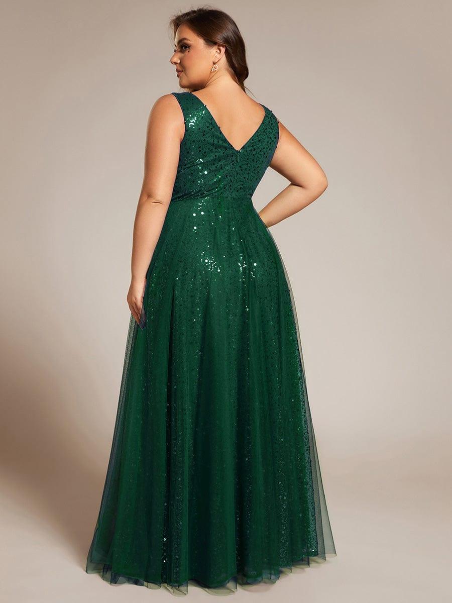 V-Neck Sleeveless High-Waist See-Through Sequin Tulle Evening Dress #color_Dark Green