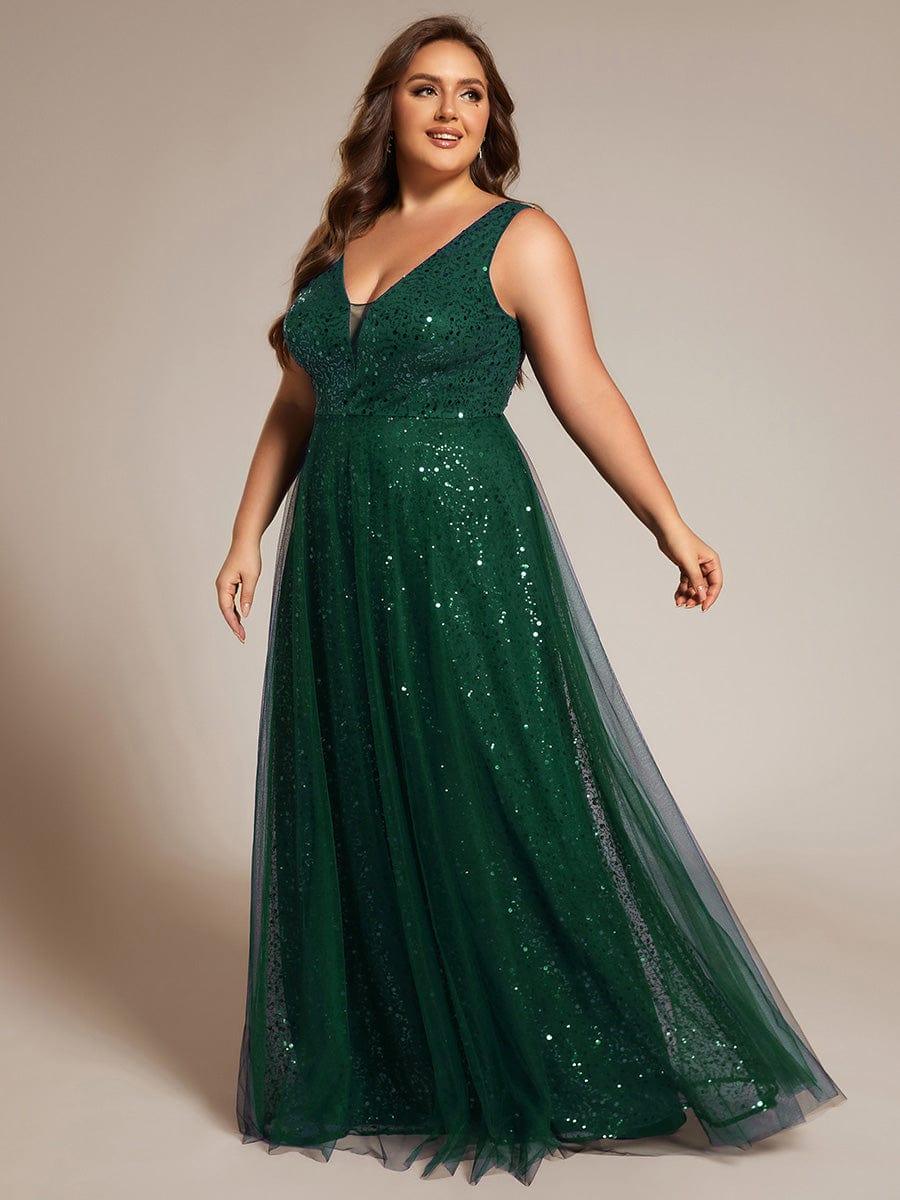 V-Neck Sleeveless High-Waist See-Through Sequin Tulle Evening Dress #color_Dark Green