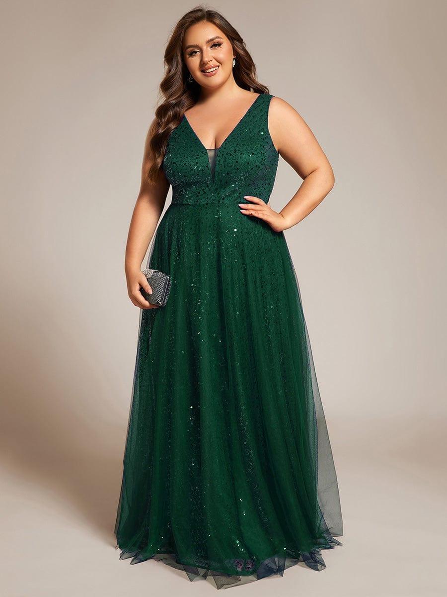 V-Neck Sleeveless High-Waist See-Through Sequin Tulle Evening Dress #color_Dark Green