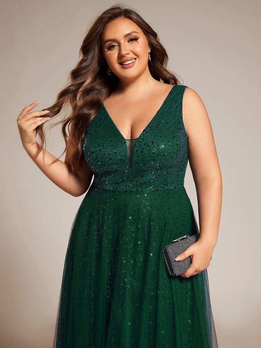 V-Neck Sleeveless High-Waist See-Through Sequin Tulle Evening Dress #color_Dark Green