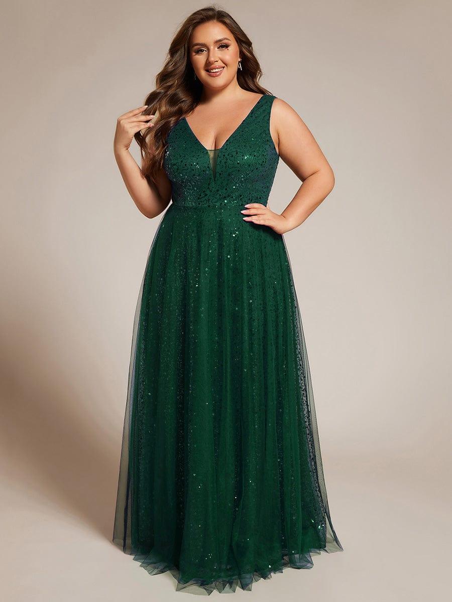 V-Neck Sleeveless High-Waist See-Through Sequin Tulle Evening Dress #color_Dark Green