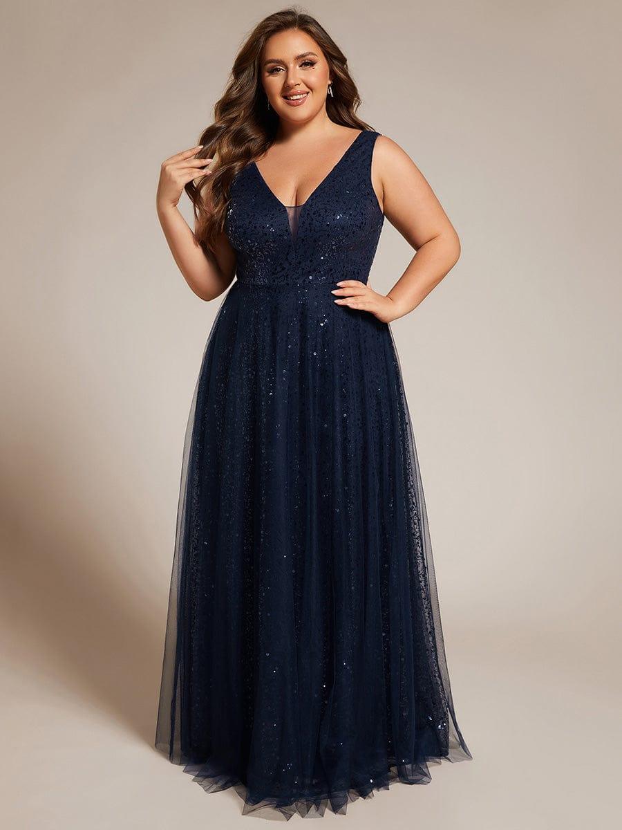Plus Size Sequin V-Neck Sleeveless Empire Waist Tulle Formal Evening Dress #color_Navy Blue