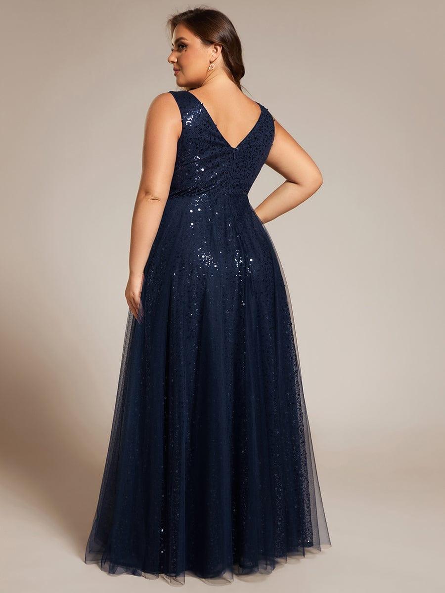 V-Neck Sleeveless High-Waist See-Through Sequin Tulle Evening Dress #color_Navy Blue