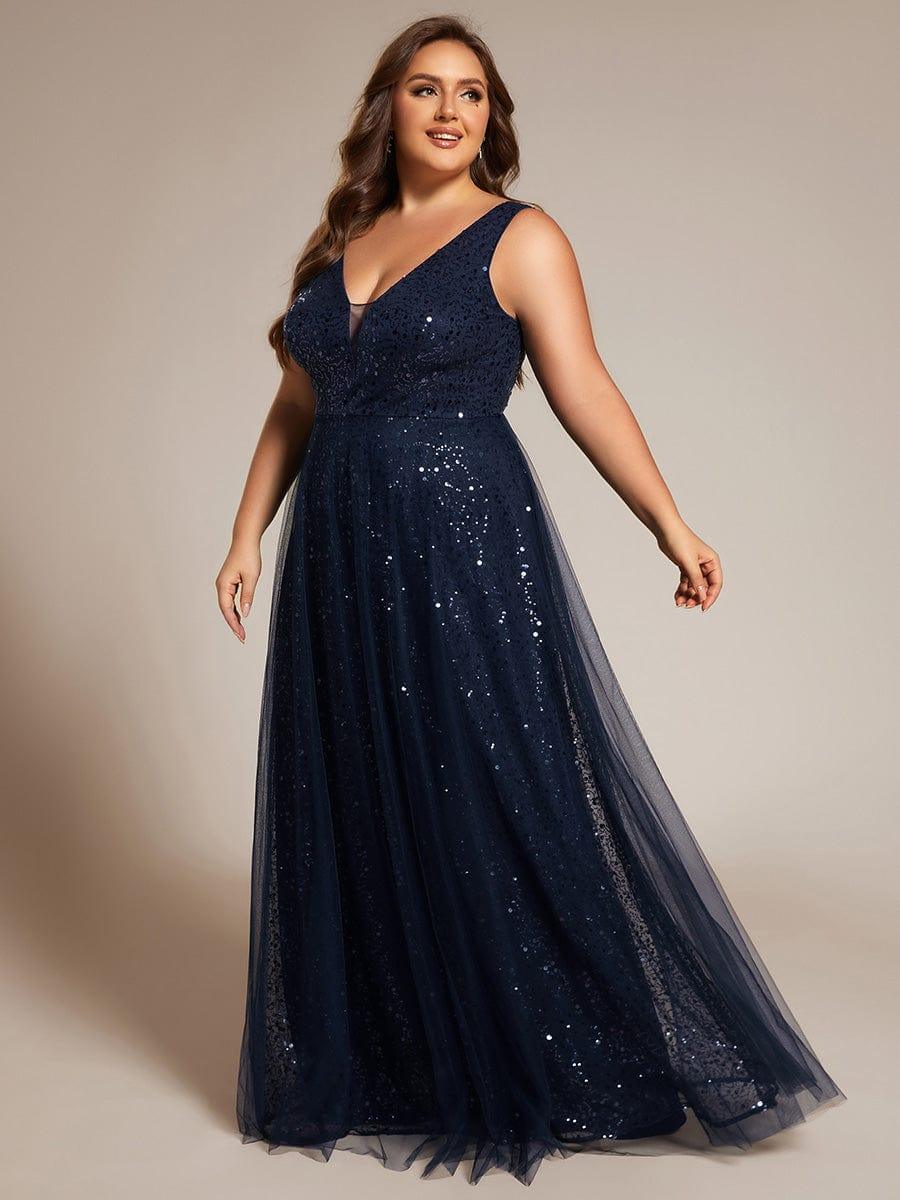 V-Neck Sleeveless High-Waist See-Through Sequin Tulle Evening Dress #color_Navy Blue