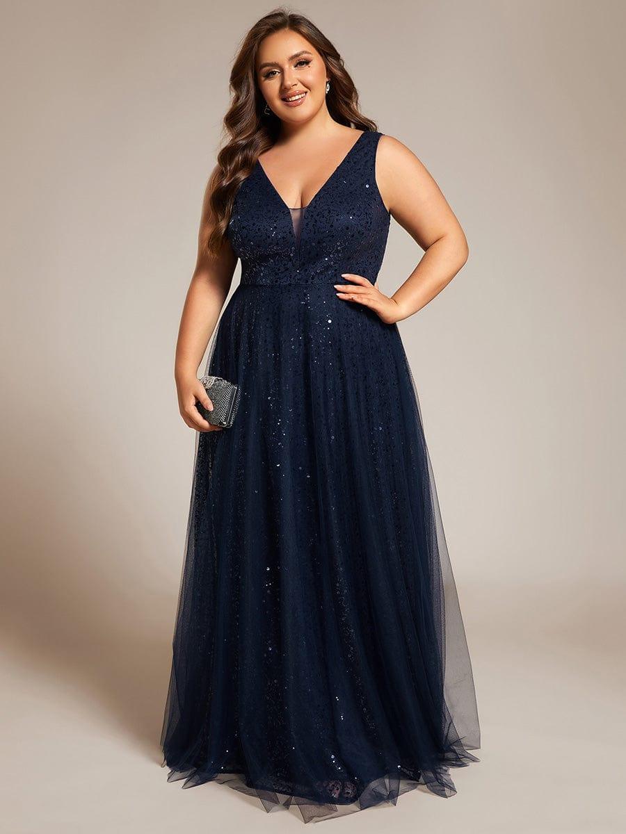 Plus Size Sequin V-Neck Sleeveless Empire Waist Tulle Formal Evening Dress #color_Navy Blue