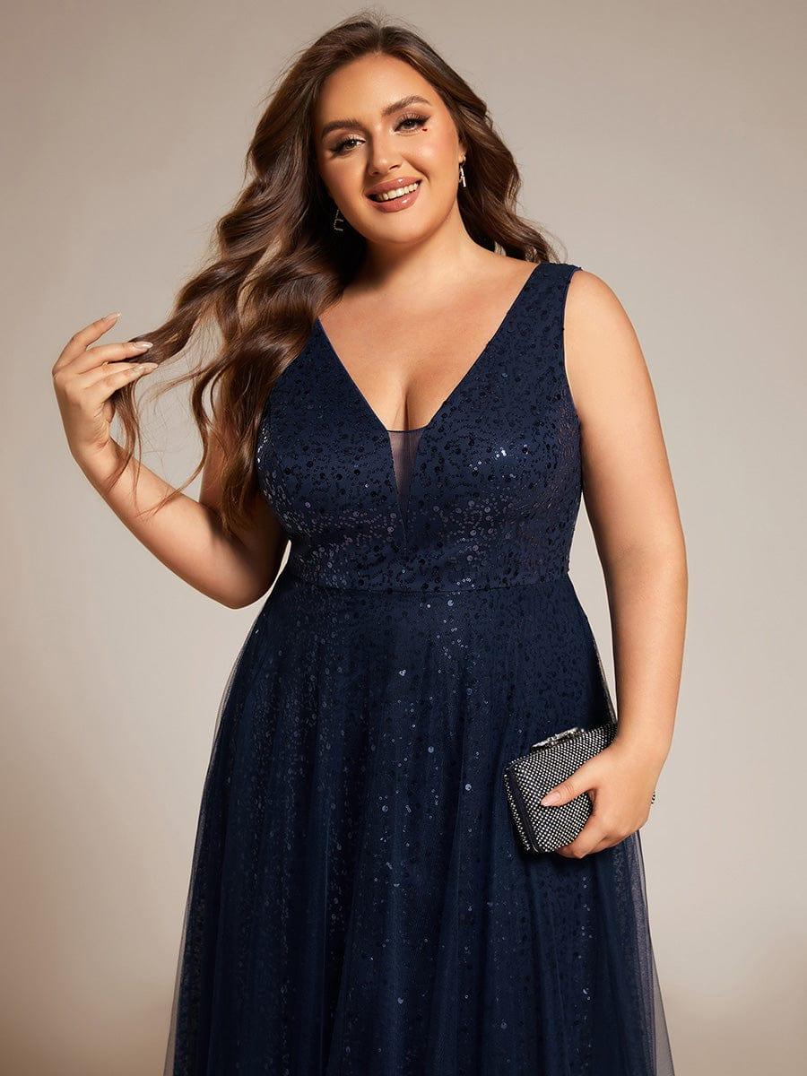 V-Neck Sleeveless High-Waist See-Through Sequin Tulle Evening Dress #color_Navy Blue
