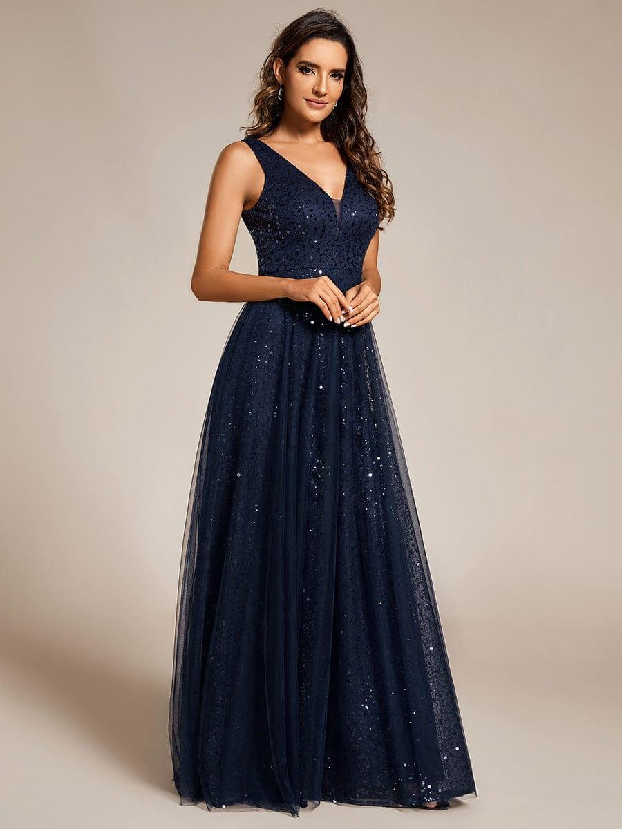 V-Neck Sleeveless High-Waist See-Through Sequin Tulle Evening Dress #color_Navy Blue