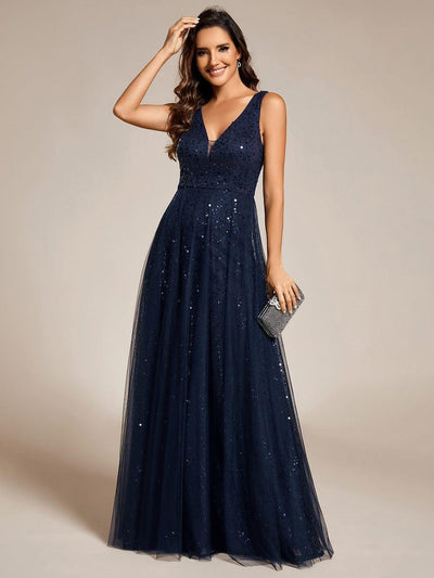 V-Neck Sleeveless High-Waist See-Through Sequin Tulle Evening Dress #color_Navy Blue