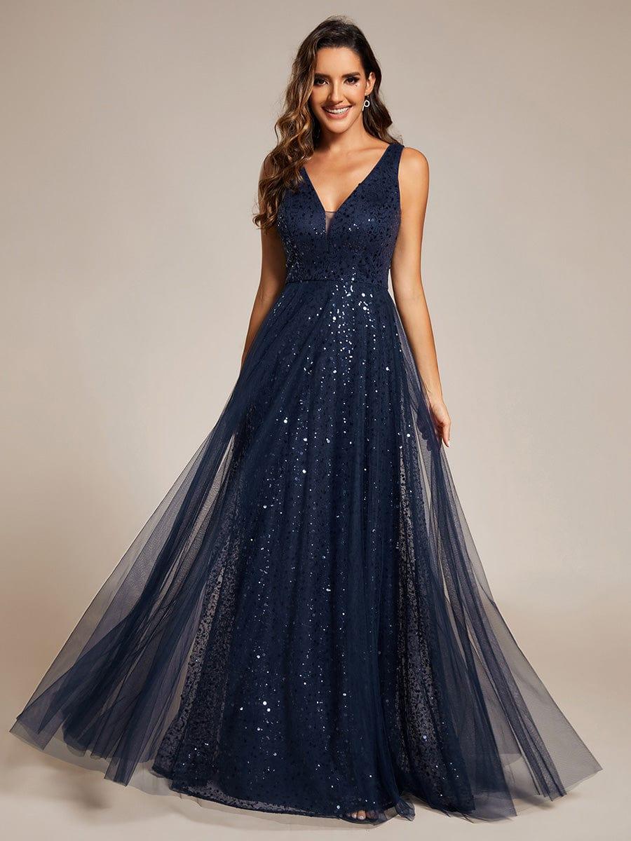 V-Neck Sleeveless High-Waist See-Through Sequin Tulle Evening Dress #color_Navy Blue