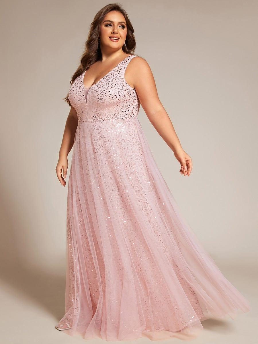 Plus Size Sequin V-Neck Sleeveless Empire Waist Tulle Formal Evening Dress #color_Pink