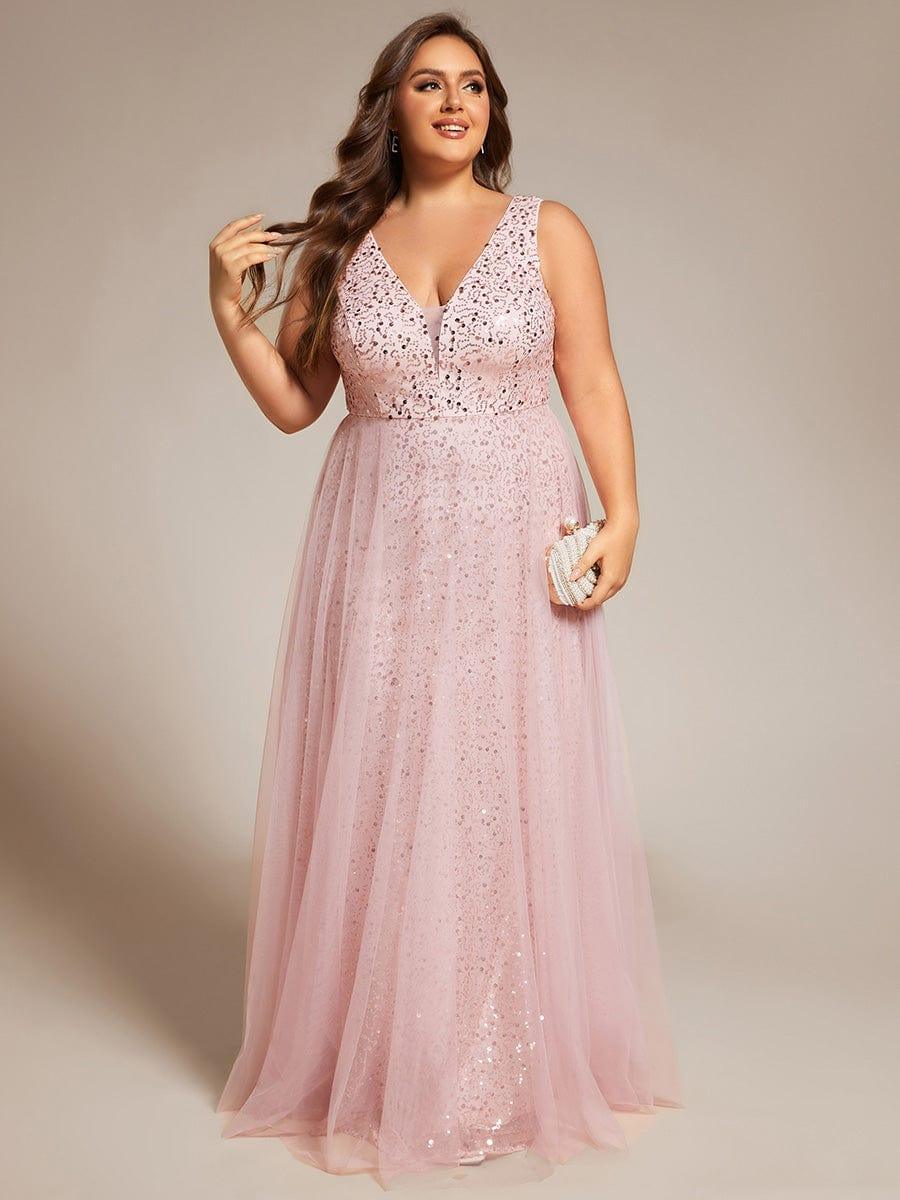 Plus Size Sequin V-Neck Sleeveless Empire Waist Tulle Formal Evening Dress #color_Pink