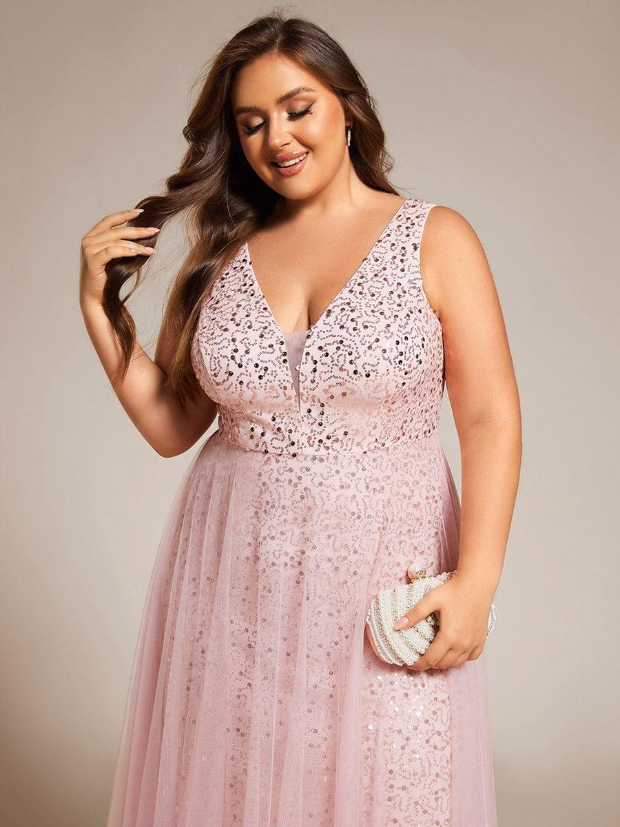 Plus Size Sequin V-Neck Sleeveless Empire Waist Tulle Formal Evening Dress #color_Pink