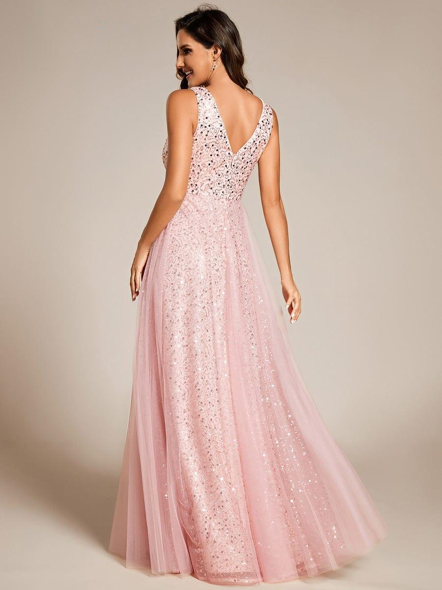 V-Neck Sleeveless High-Waist See-Through Sequin Tulle Evening Dress #color_Pink