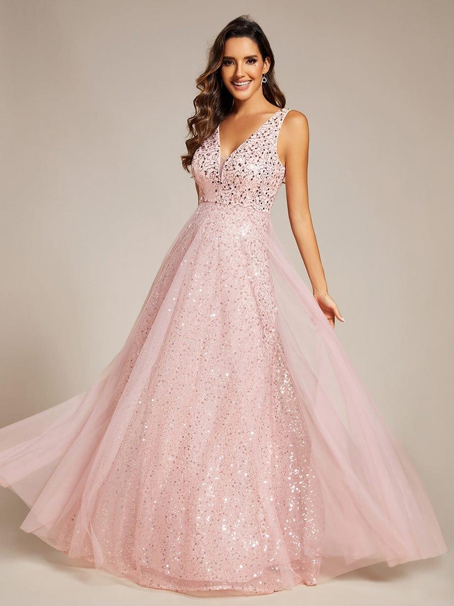 V-Neck Sleeveless High-Waist See-Through Sequin Tulle Evening Dress #color_Pink
