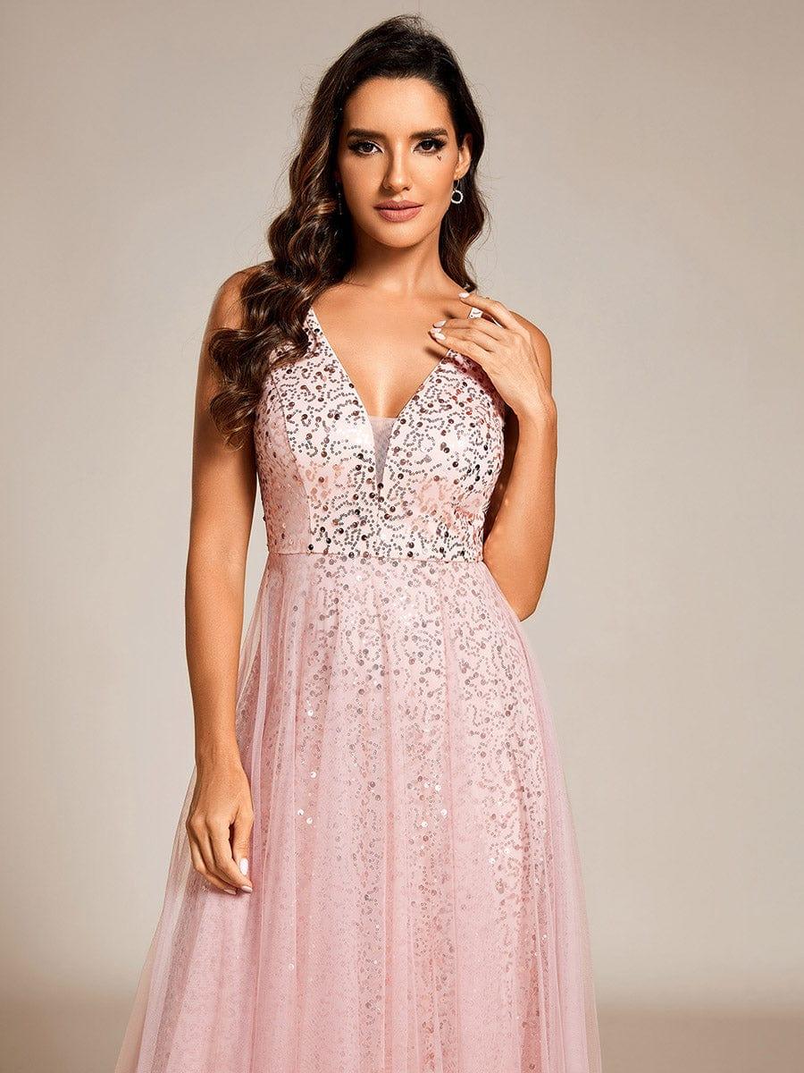 V-Neck Sleeveless High-Waist See-Through Sequin Tulle Evening Dress #color_Pink