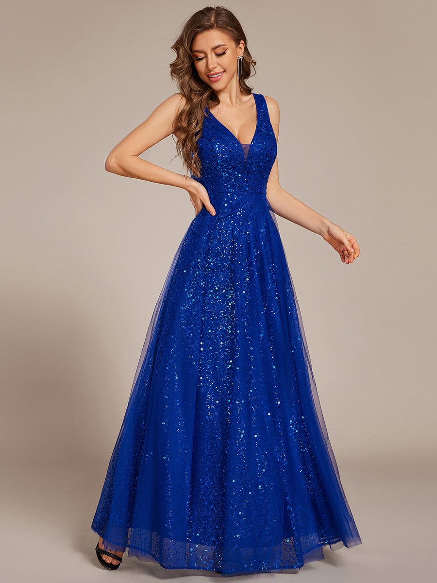 V-Neck Sleeveless High-Waist See-Through Sequin Tulle Evening Dress #color_Sapphire Blue