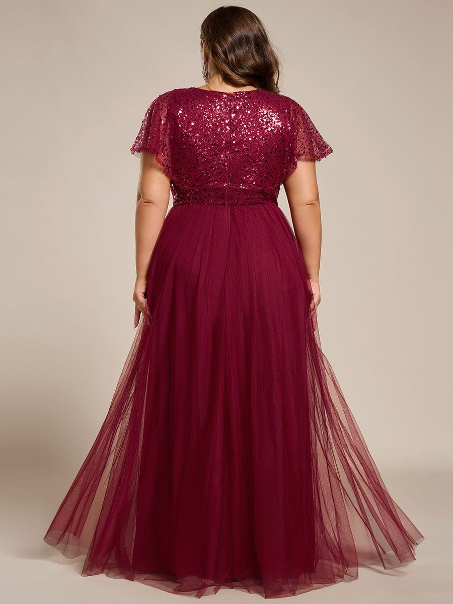 Plus Size Short Sleeves Sequin V-Neck Formal Evening Dress with Tulle #color_Burgundy