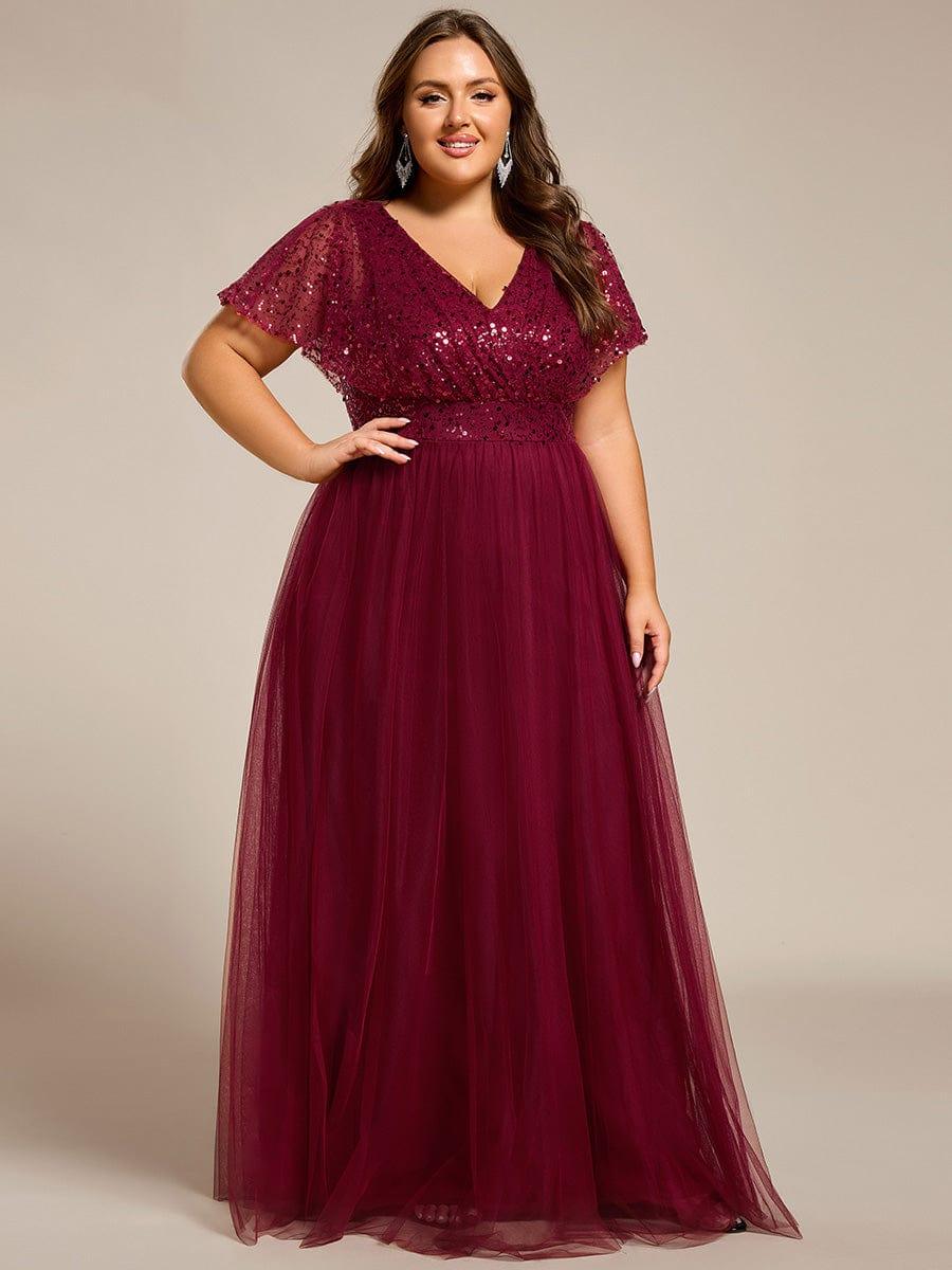 Plus Size Short Sleeves Sequin V-Neck Formal Evening Dress with Tulle #color_Burgundy