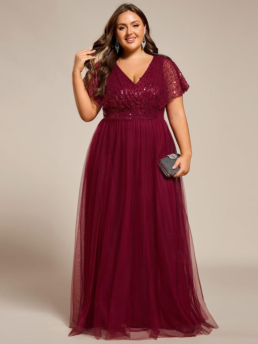 Plus Size Short Sleeves Sequin V-Neck Formal Evening Dress with Tulle #color_Burgundy