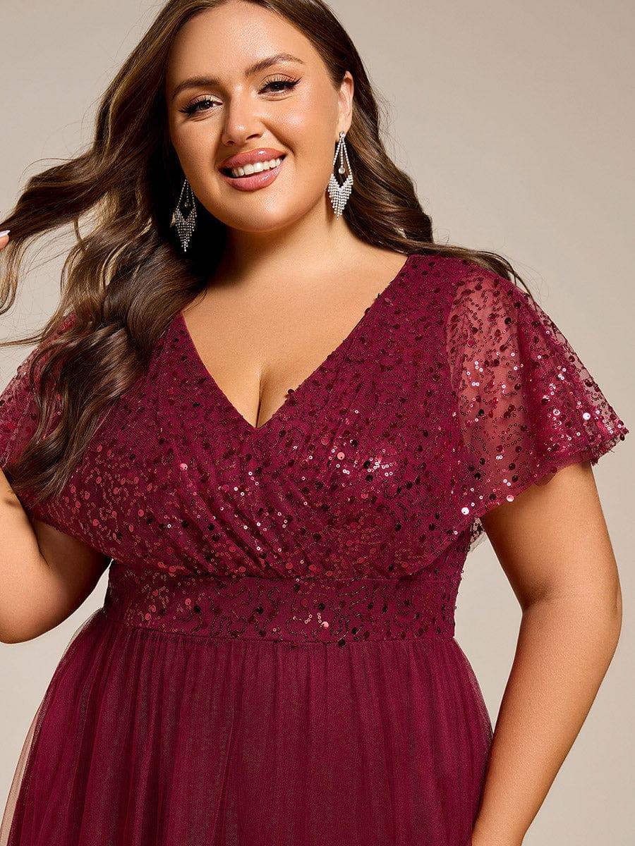 Plus Size Short Sleeves Sequin V-Neck Formal Evening Dress with Tulle #color_Burgundy