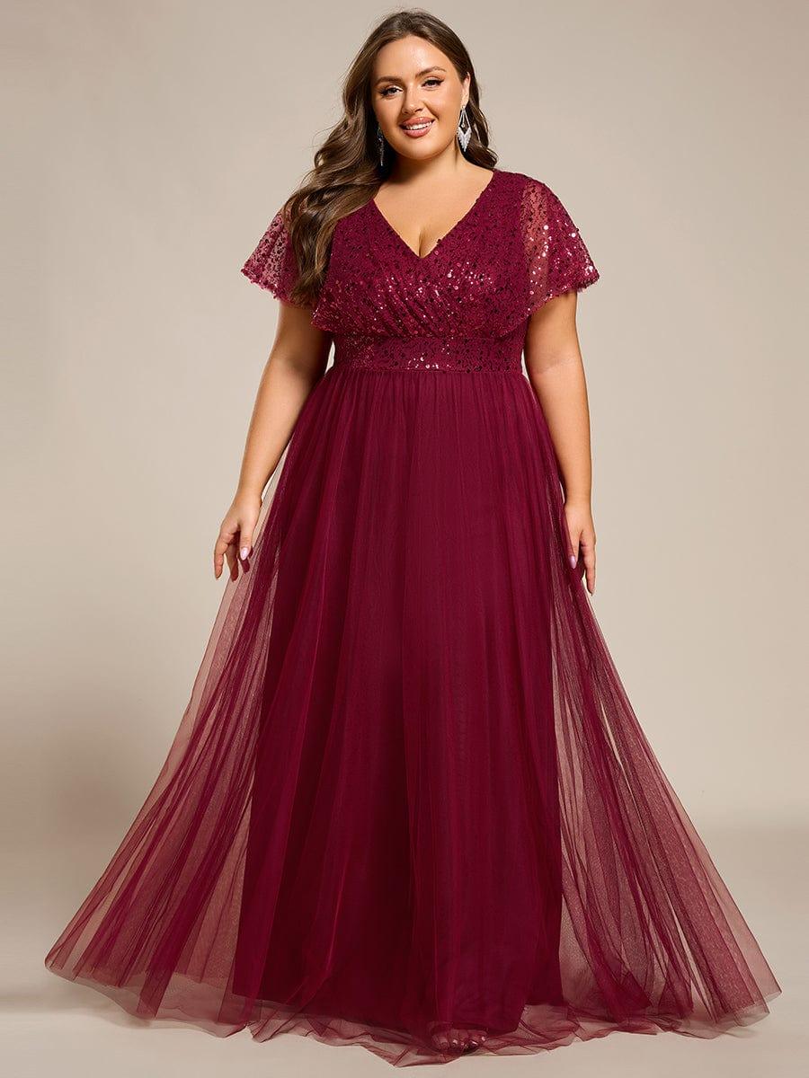 Plus Size Short Sleeves Sequin V-Neck Formal Evening Dress with Tulle #color_Burgundy