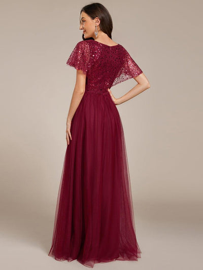 Sparkly Sequin A-Line V-Neck Tulle Formal Evening Dress #color_Burgundy