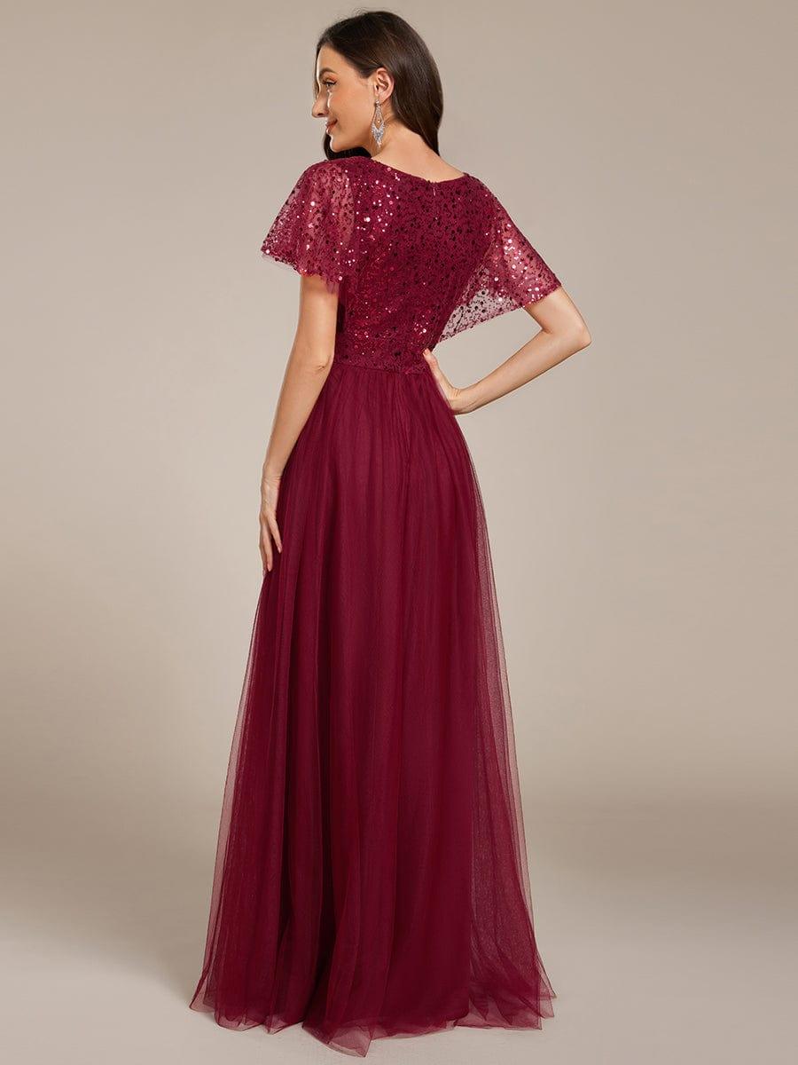 Sparkly Sequin A-Line V-Neck Tulle Formal Evening Dress #color_Burgundy