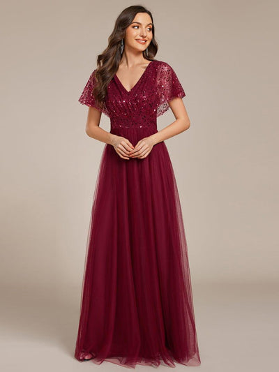 Sparkly Sequin A-Line V-Neck Tulle Formal Evening Dress #color_Burgundy