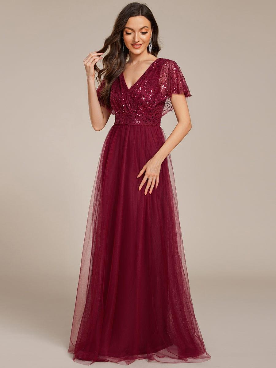 Sparkly Sequin A-Line V-Neck Tulle Formal Evening Dress #color_Burgundy