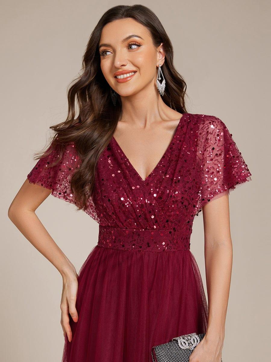 Sparkly Sequin A-Line V-Neck Tulle Formal Evening Dress #color_Burgundy