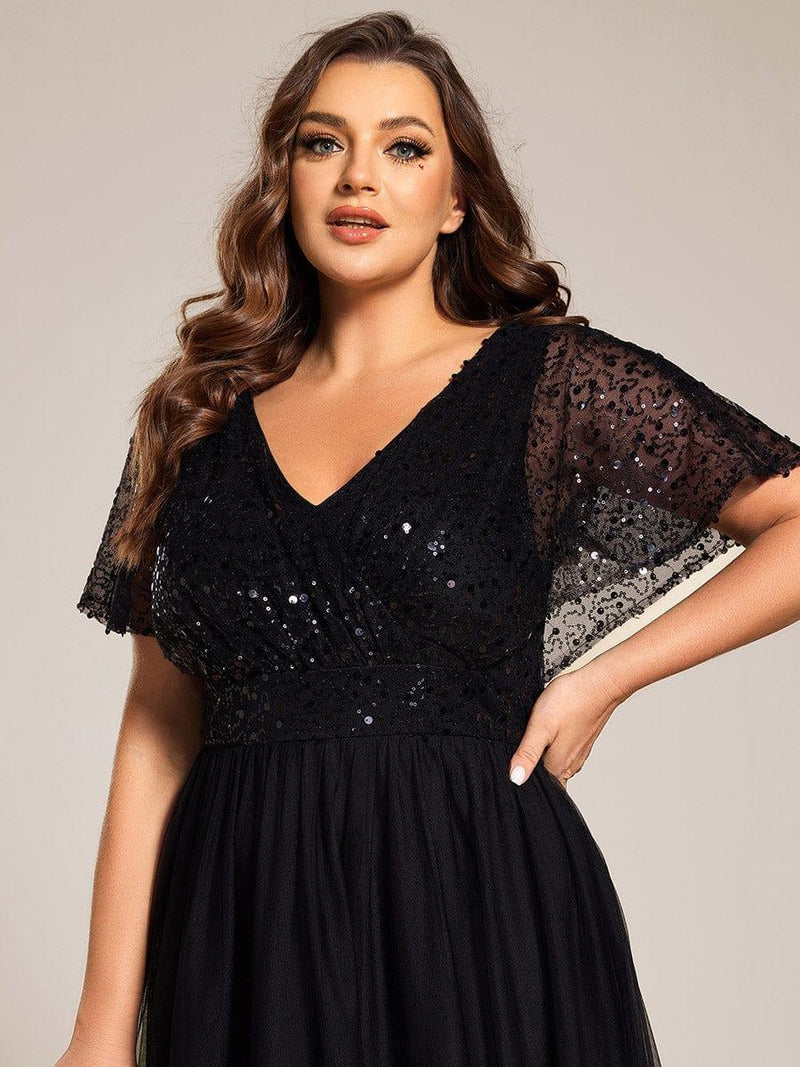 Elegant Short Sleeve Stitching Double V Neck A Line Tulle Evening Dress A Swing Sequined Dress