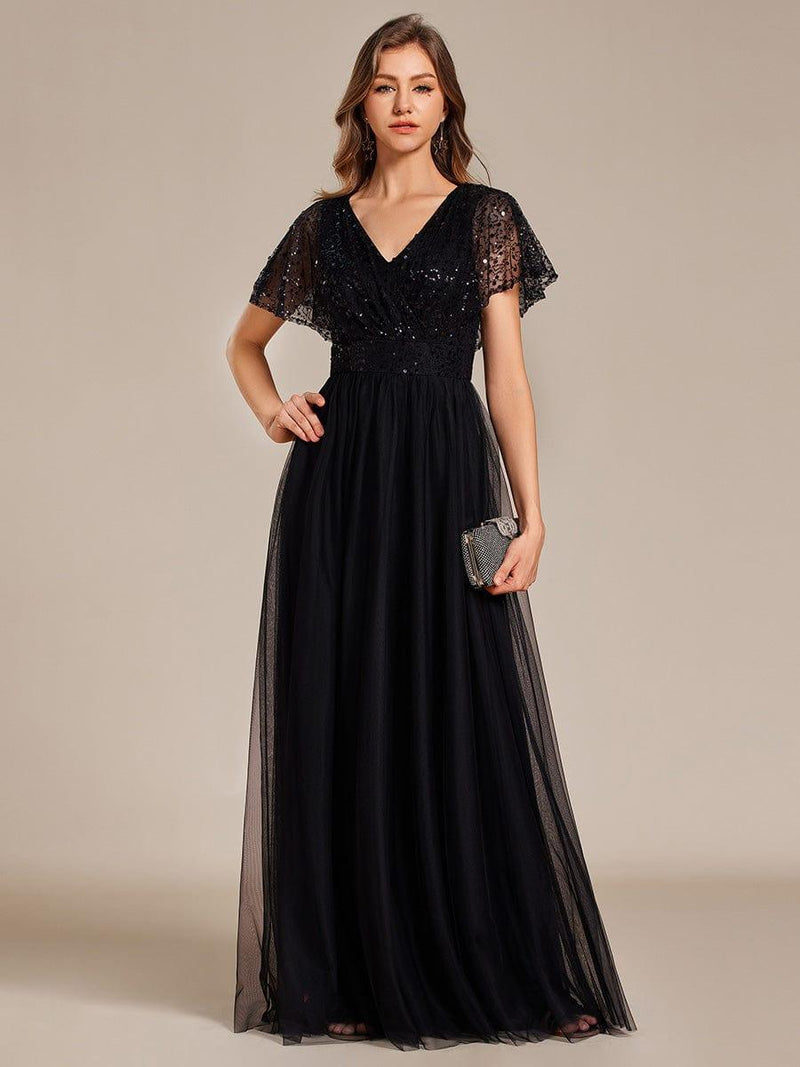 Gorgeous Sequin Tulle A Line Prom Dress,Navy Blue V Neck Evening Dress Wedding Dress Y8381 main image 0