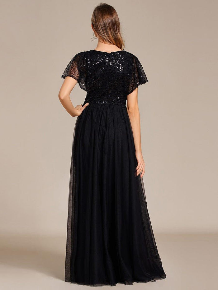 Sexy A-line Deep V Neck Tulle Evening Dress Y5538 main image 1
