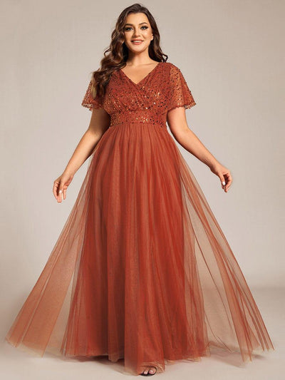 Plus Size Short Sleeves Sequin V-Neck Formal Evening Dress with Tulle #color_Burnt Orange
