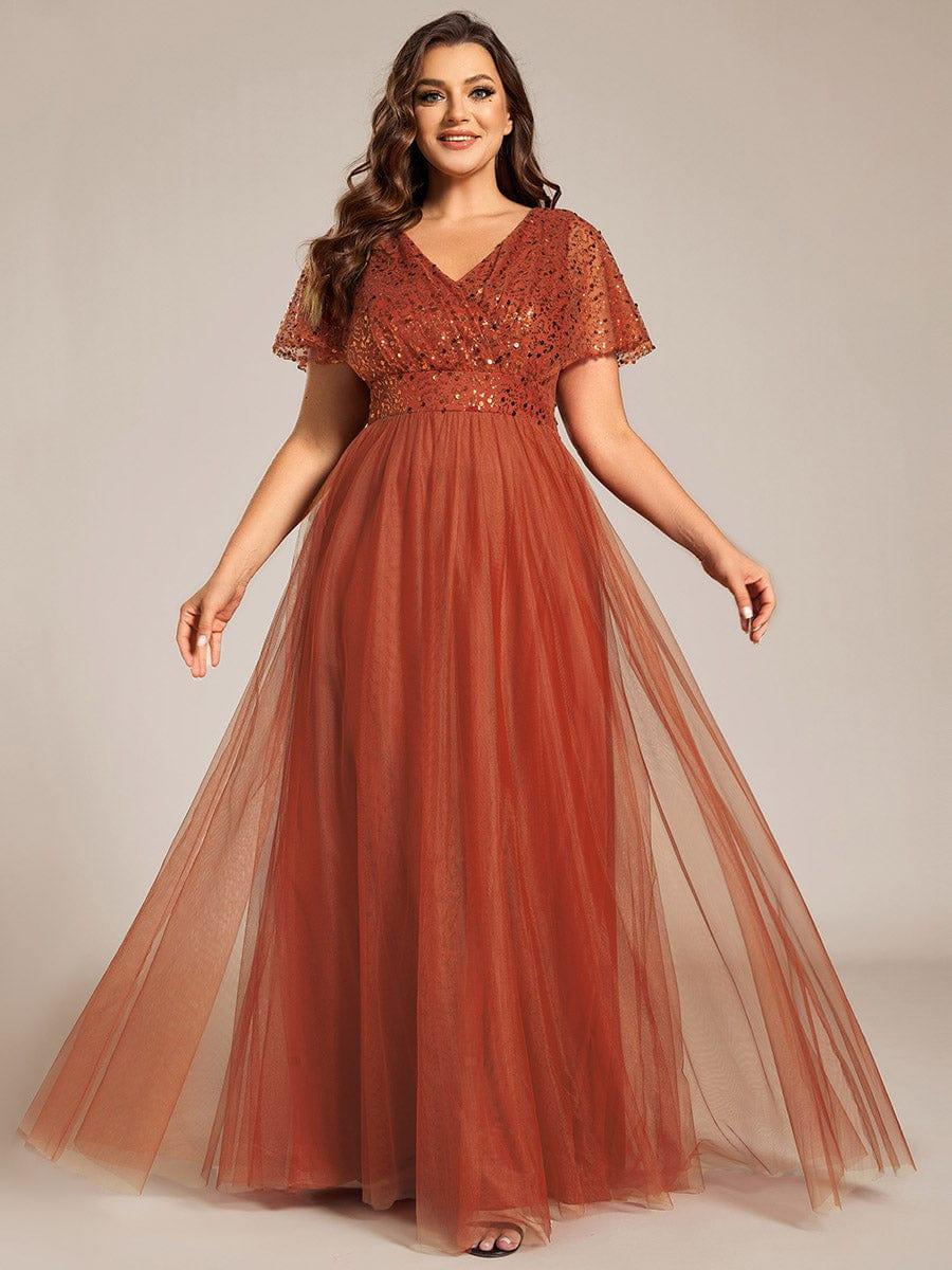 Plus Size Short Sleeves Sequin V-Neck Formal Evening Dress with Tulle #color_Burnt Orange